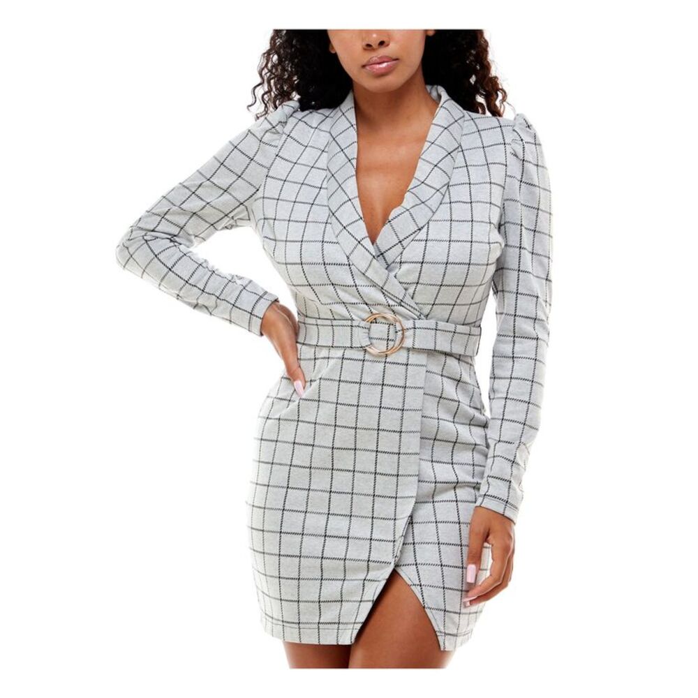 EMERALD SUNDAE Womens Short Dress Gray Belted Plaid Wide Collar Juniors XXS